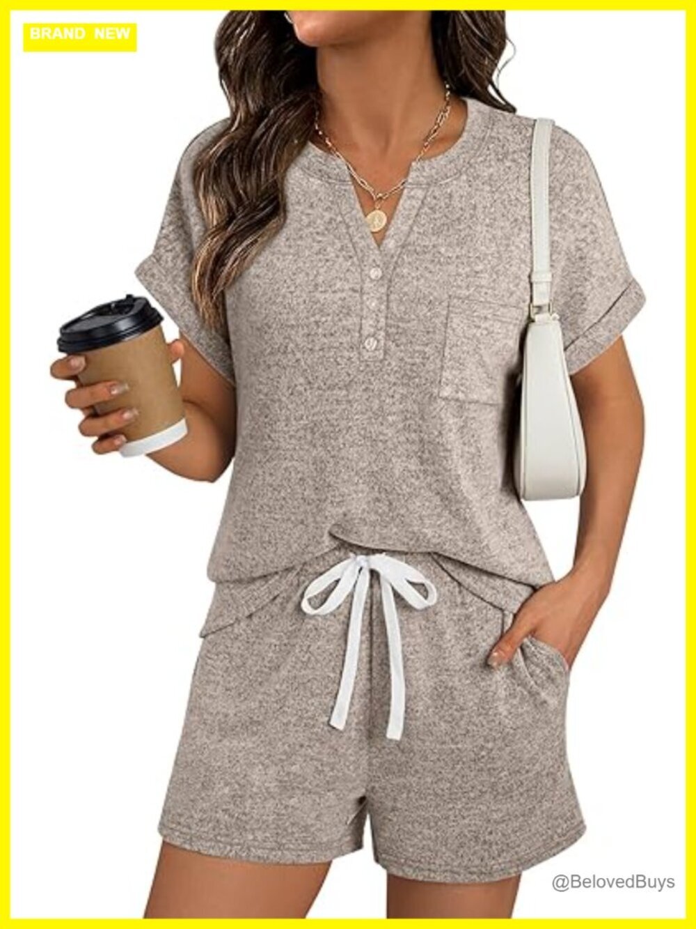 Women's 2 Piece Lounge Short Set with V-Neck Henley Top and Side Pockets